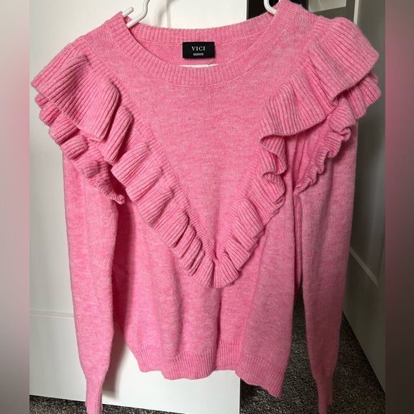 Vici Sweaters - VICI Bubble Gum Pink Ruffle Sweater